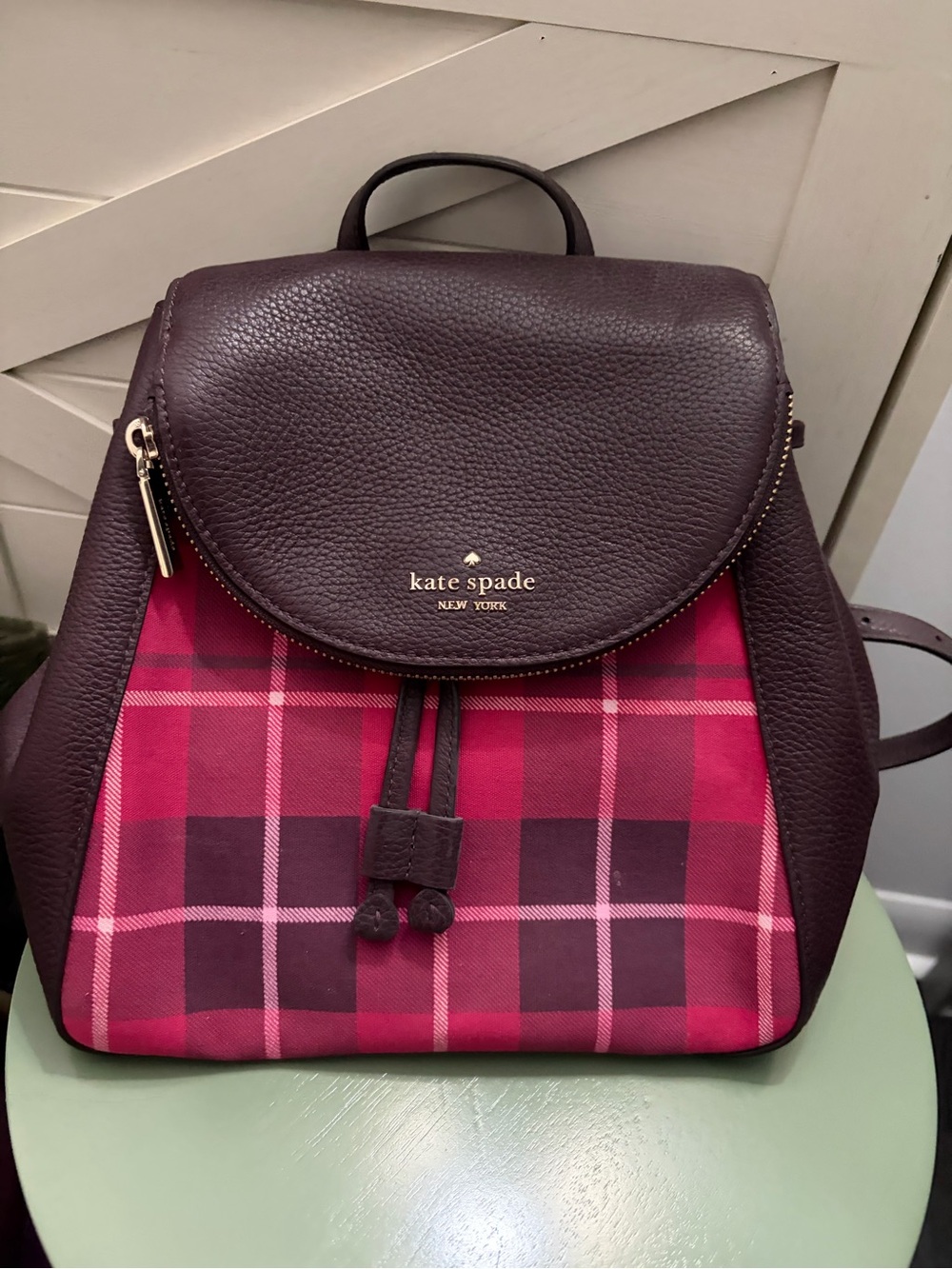 kate spade Burgundy Leather & Pink Plaid Backpack